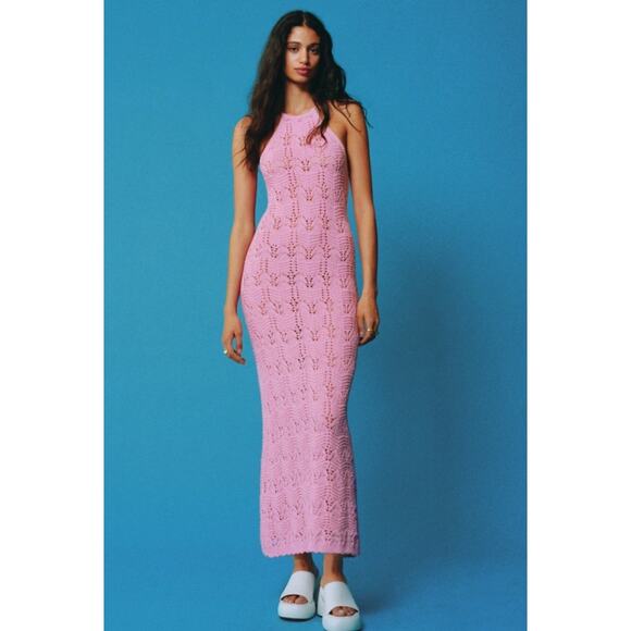 Mango Dresses & Skirts - MANGO NWT Open Crochet Knit Halter Neck Pink Maxi Dress Size 8